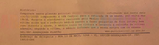 Histórico do BO registrado na Polícia Civil