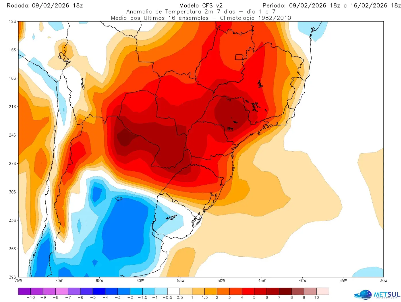 Mapa de anomalia de temperatura (desvio da m&eacute;dia) do modelo norte-americano CFS at&eacute; o come&ccedil;o da pr&oacute;xima semana | METSUL  O conte&uacute;do de metsul.com est&aacute; protegido por direitos autorais. &Eacute; expressamente proibida a reprodu&ccedil;&atilde;o do conte&uacute;do em todo ou em parte s